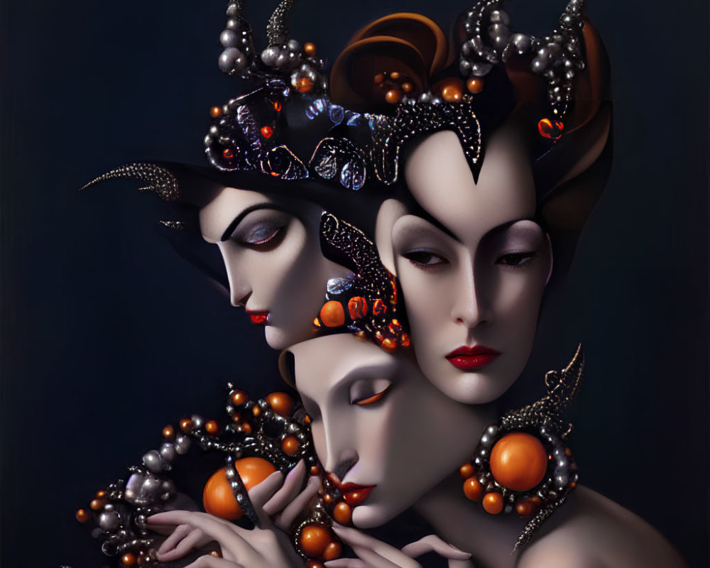 Stylized female figures with ornate headdresses on dark background