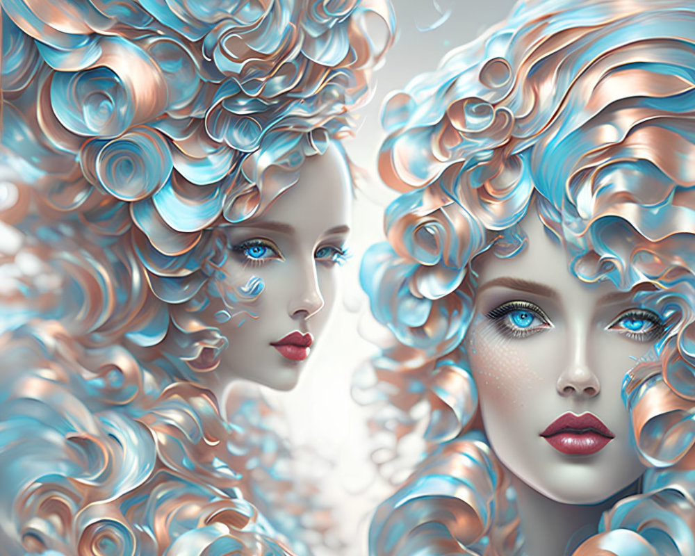 Digital Artwork: Two Women with Elaborate Blue & White Curly Hair