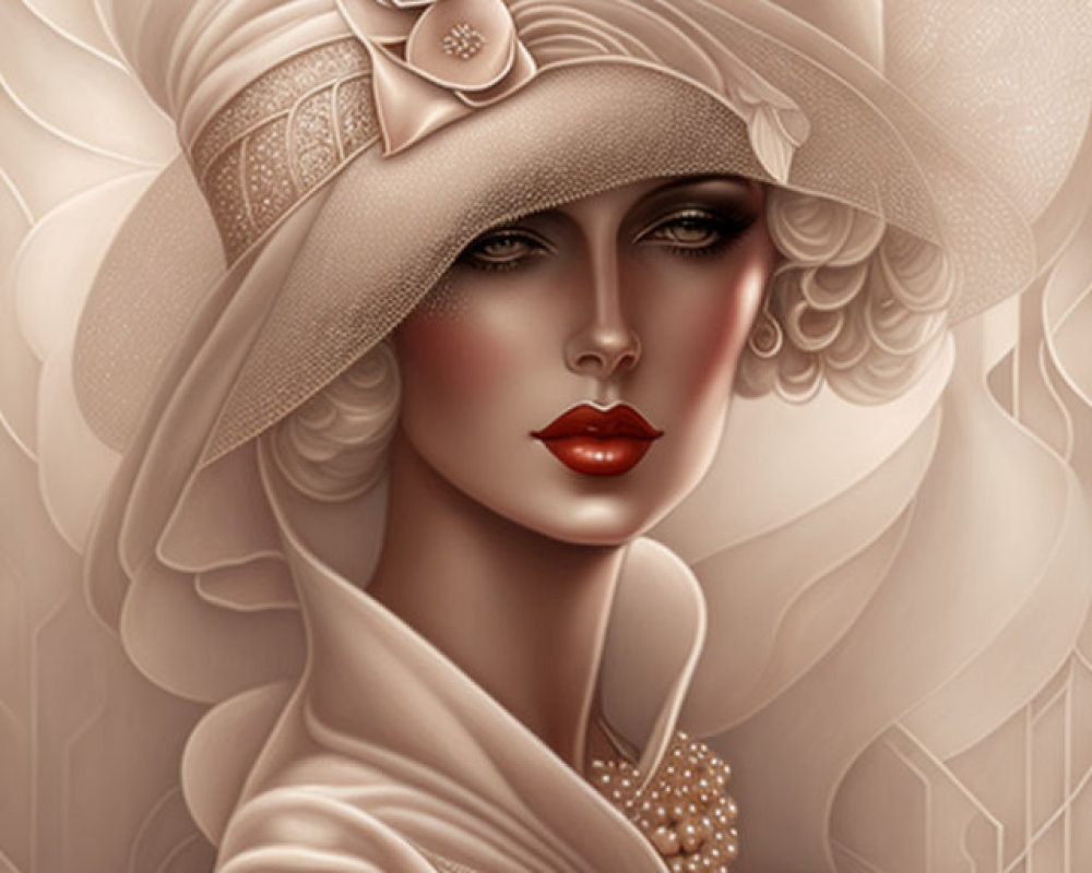 Portrait of a woman in stylish hat, pearl jewelry, red lips, and elegant gaze on beige background