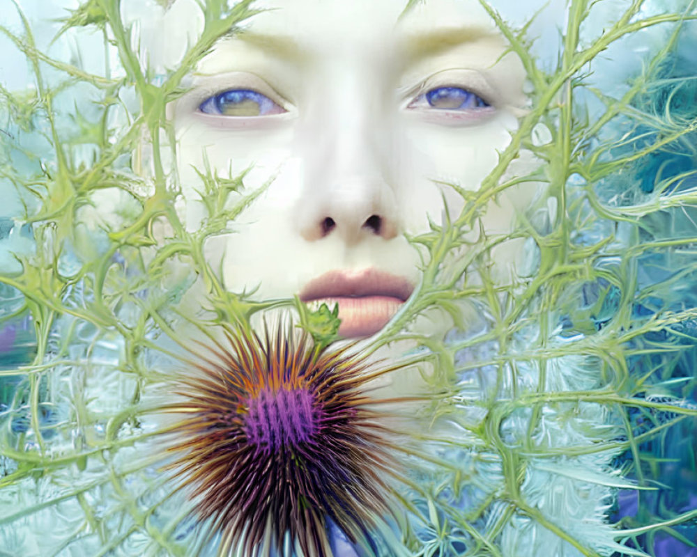 Face in field of thistles with purple flower, blue-green color palette