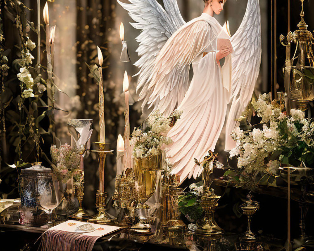 White-winged angel surrounded by candles and flowers on vintage table