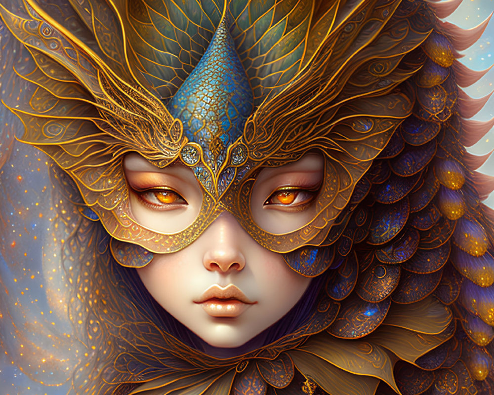 Fantastical portrait of serene figure in dragon-themed attire