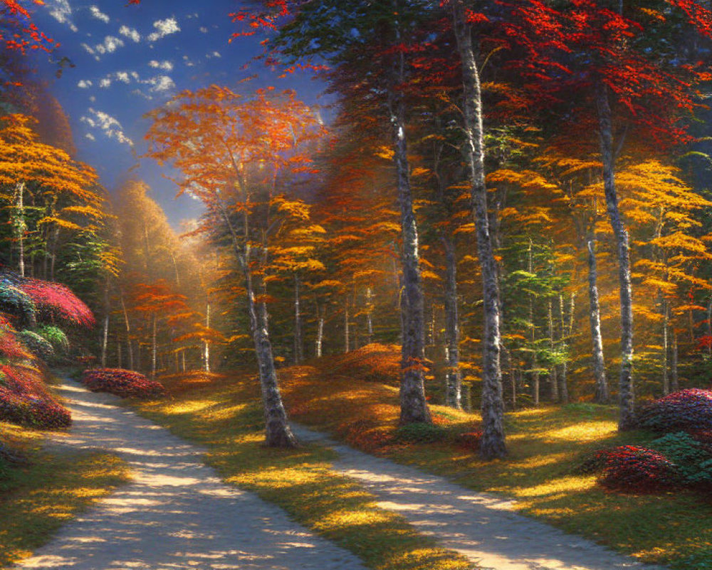 Colorful Autumn Forest with Winding Path and Sun Rays