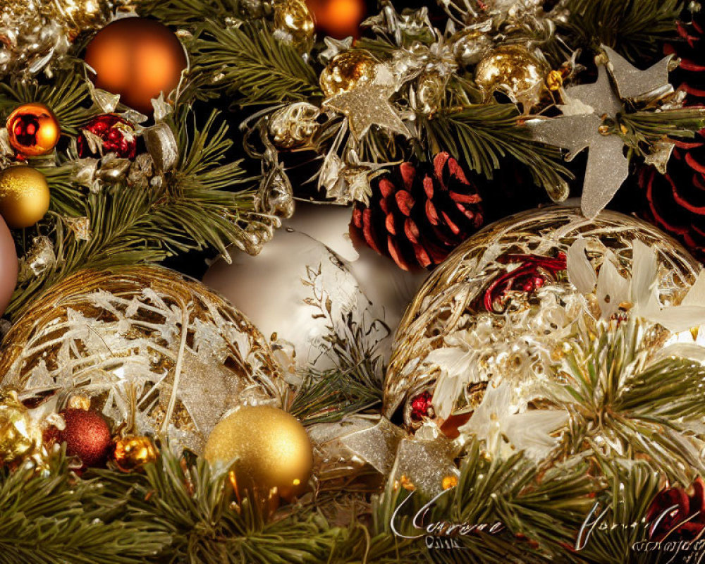 Detailed Close-Up of Golden Baubles, Pine Cones, and Stars on Green Pine Branches