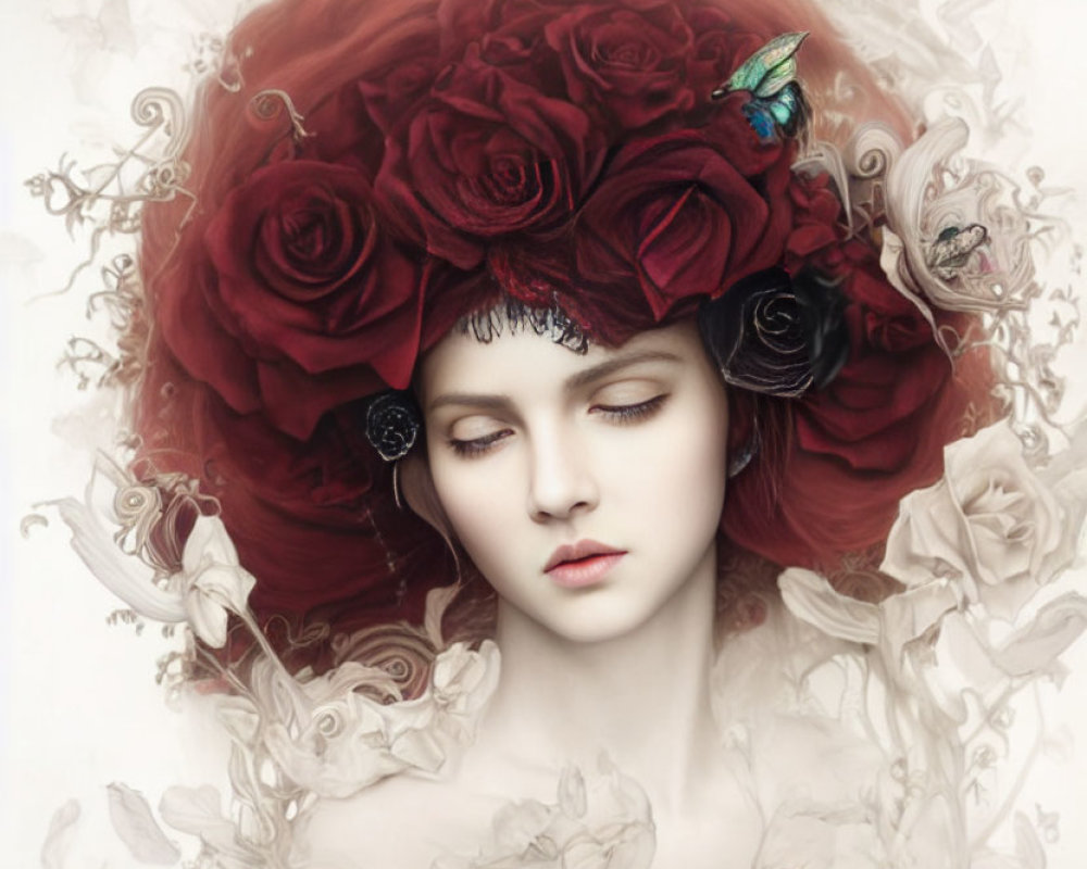 Woman with closed eyes wearing red and white rose headdress and butterfly.