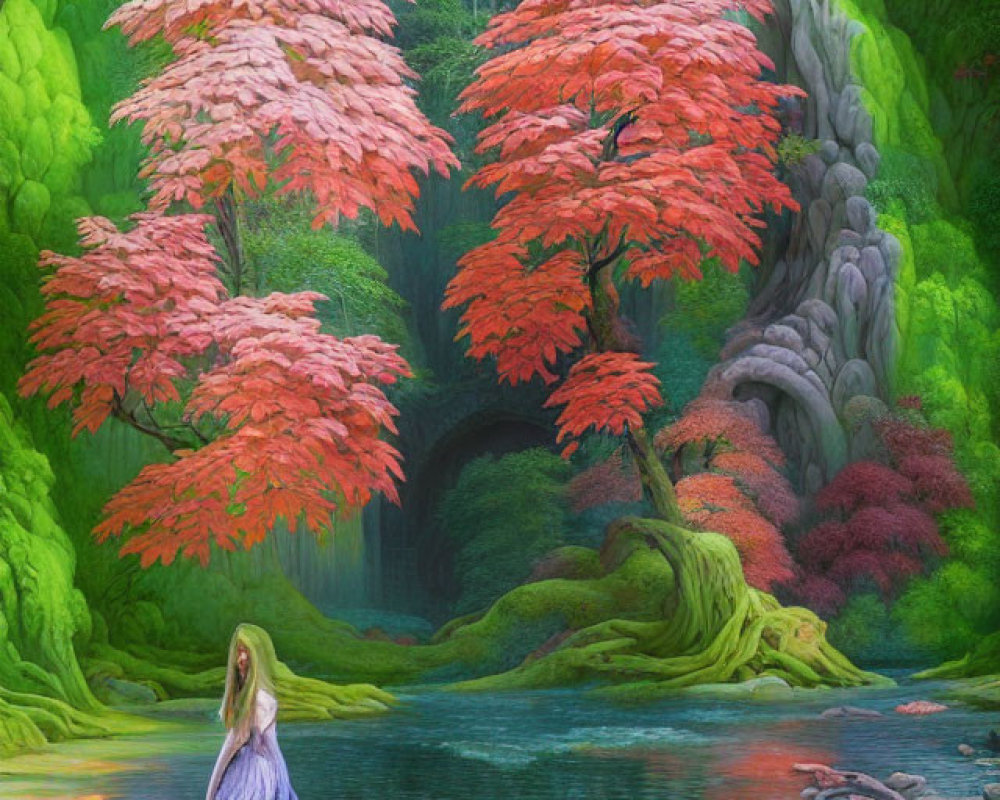 Vibrant fantasy forest with pink trees, serene pond, waterfalls, and woman in blue dress