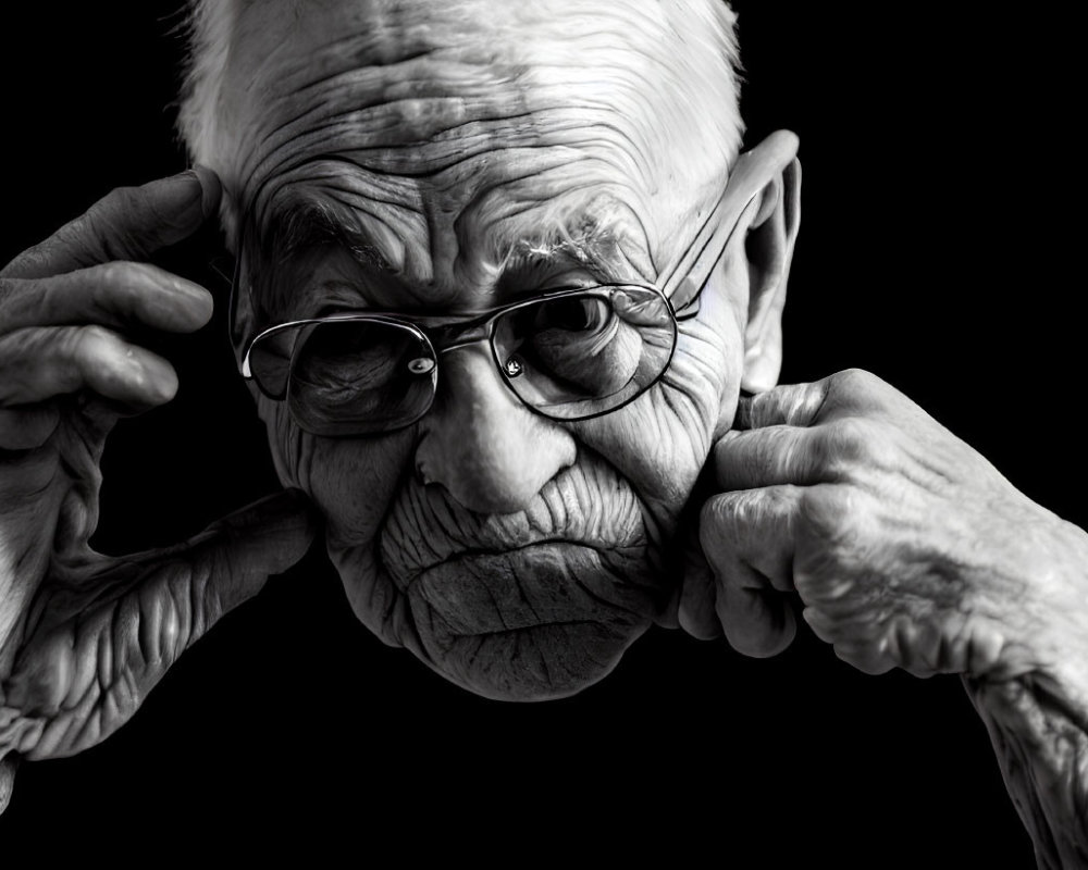 Elderly person with deep wrinkles and glasses in thoughtful pose