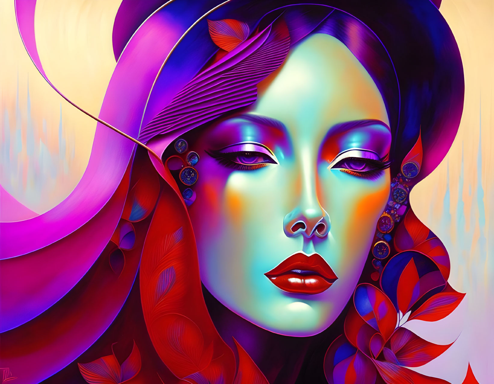 Colorful digital artwork: woman with red hair, blue skin, purple hat, jewels, floral motifs