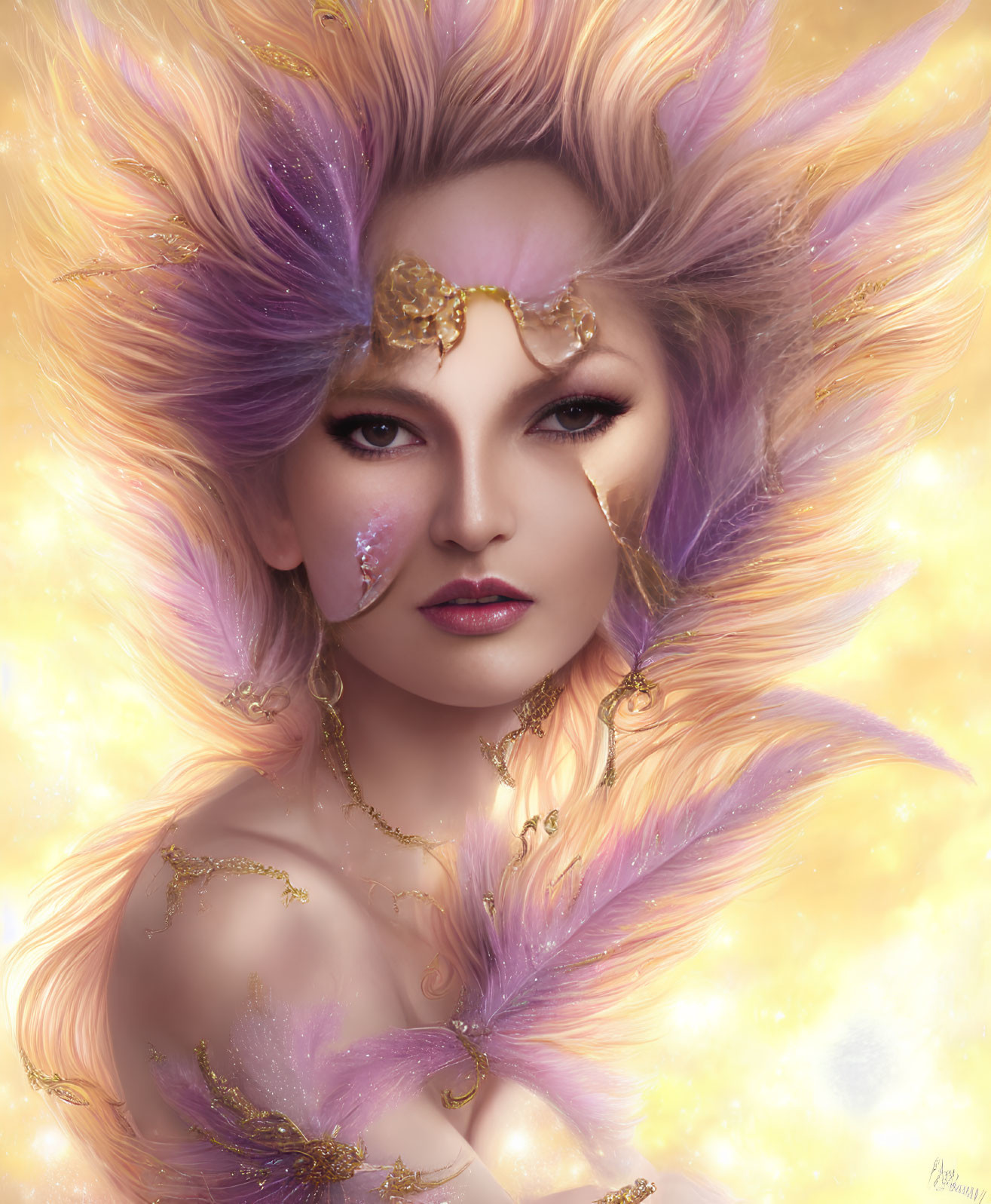 Fantasy portrait of woman with purple and gold feathers and ethereal glow.