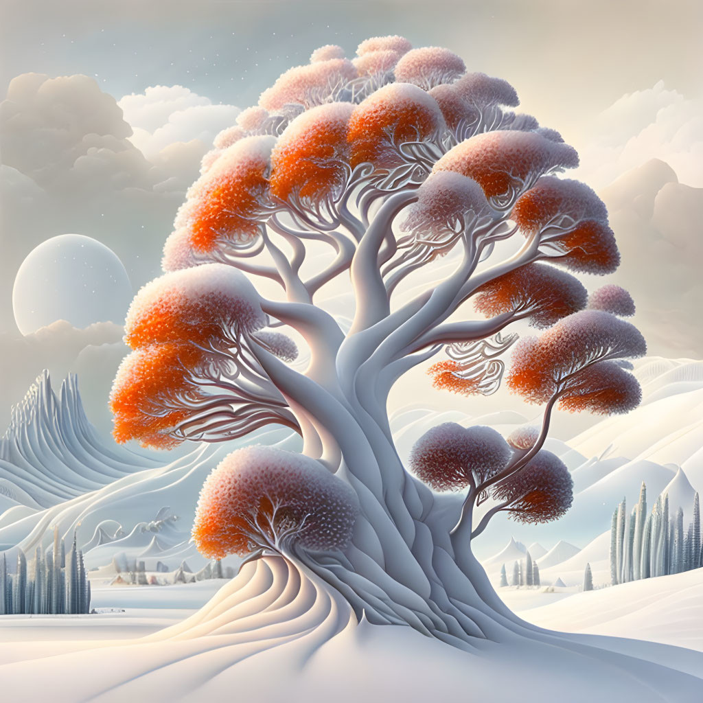 Surreal landscape with stylized tree canopy, moons, and snow-covered hills