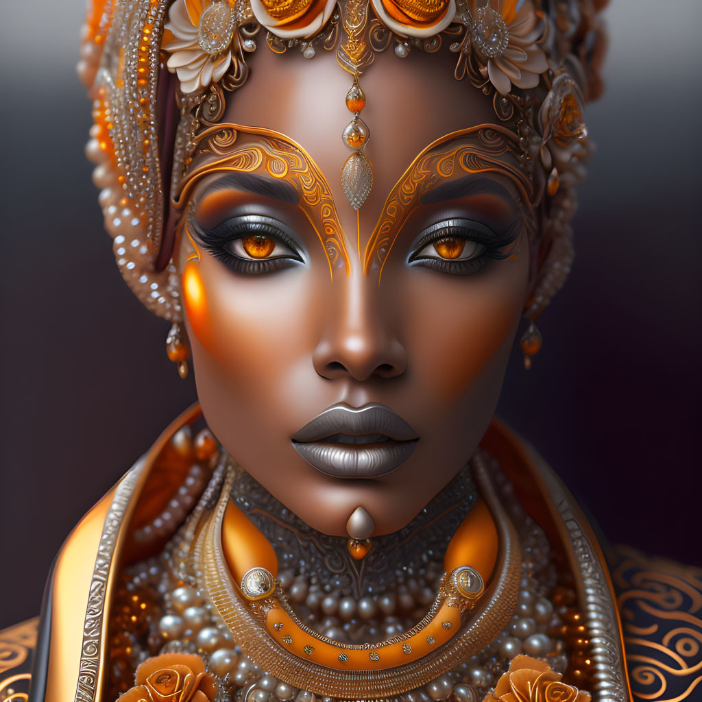 Illustrated Woman with Gold Jewelry, Striking Makeup, and Henna-like Designs