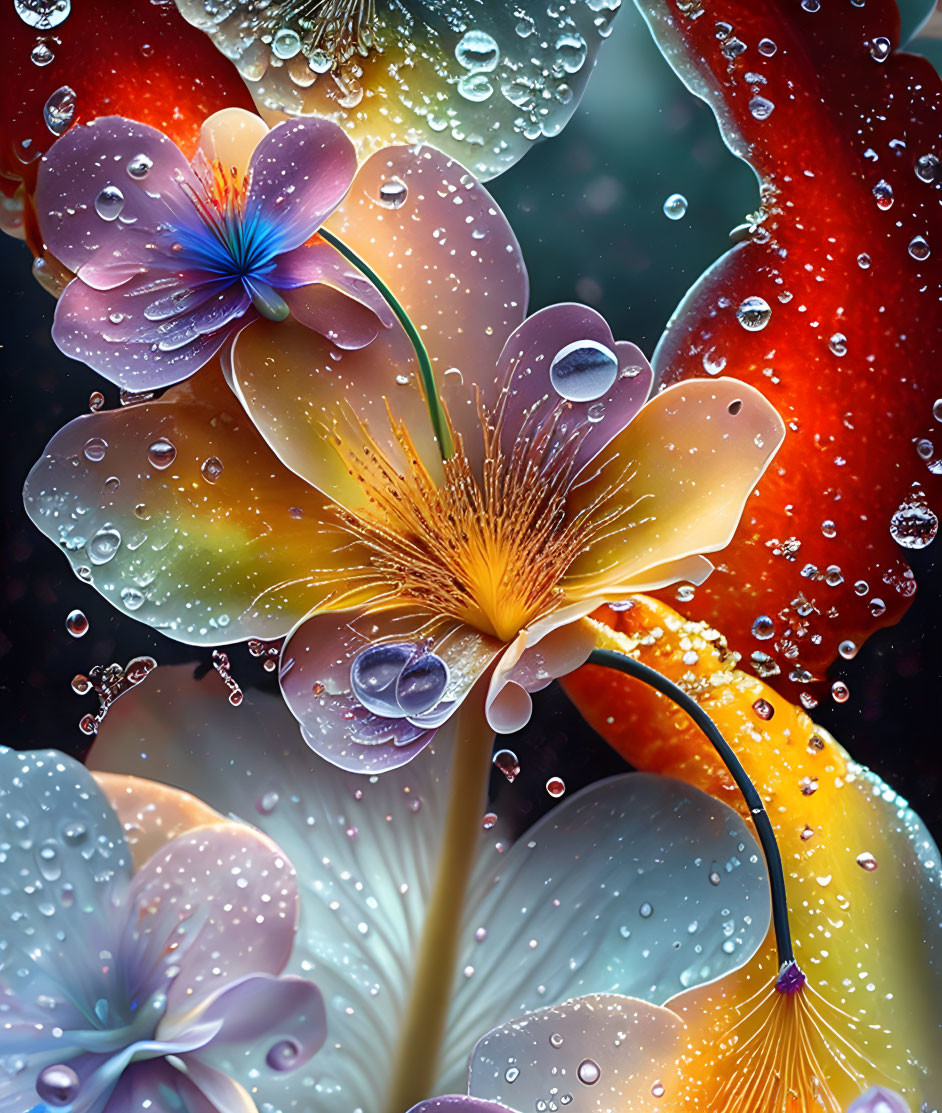 Digitally-Enhanced Glossy Flowers with Water Droplets on Dark Bokeh