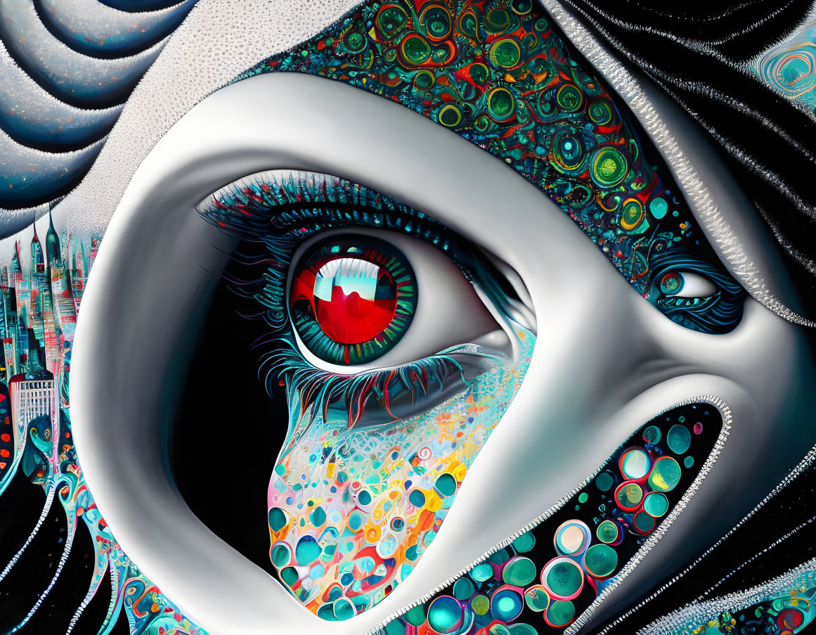 Colorful surreal digital artwork of an intricate eye with swirling vortex design