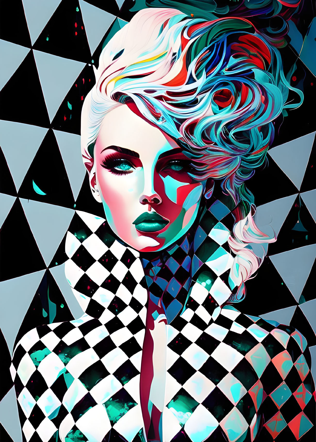 Digital artwork featuring woman with vibrant blue skin and flowing white hair on geometric background