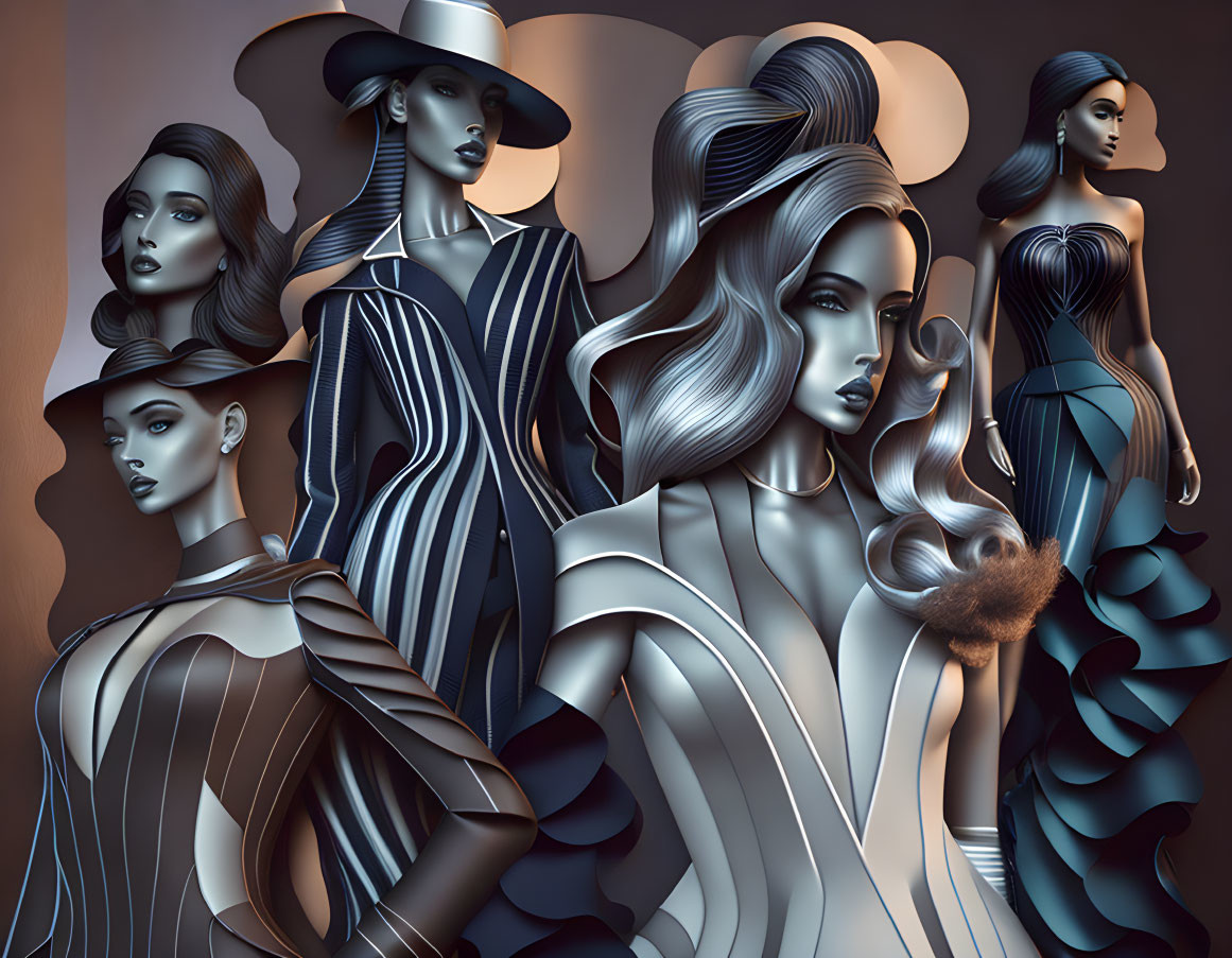 Stylized women with striking hair and makeup in monochromatic outfits