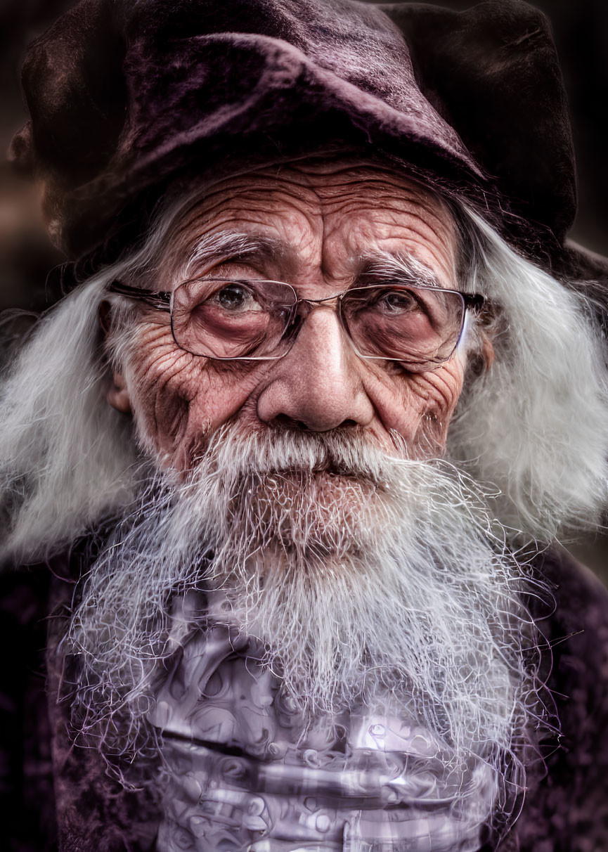 Elderly man with furrowed brow, white beard, spectacles, and hat stares at