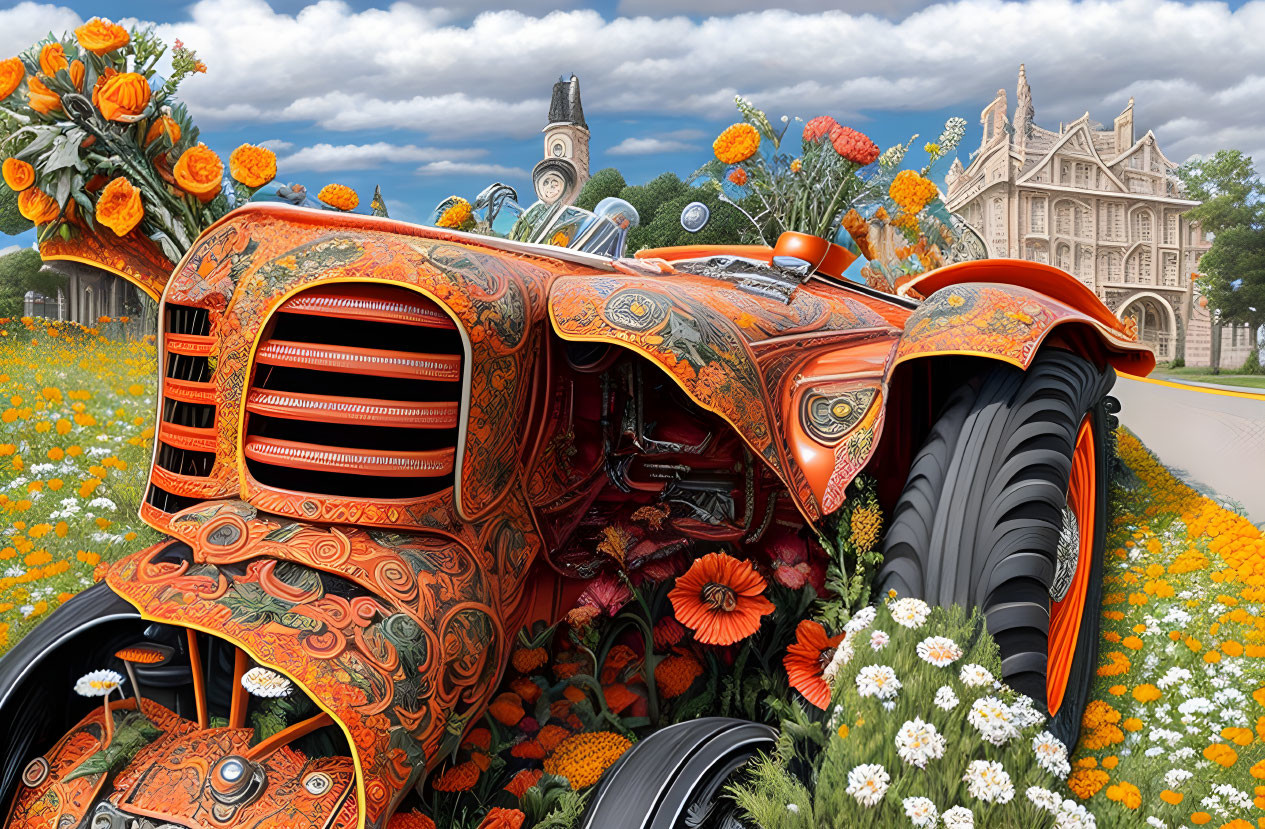 Orange floral hot rod in field with gothic buildings and cloudy sky