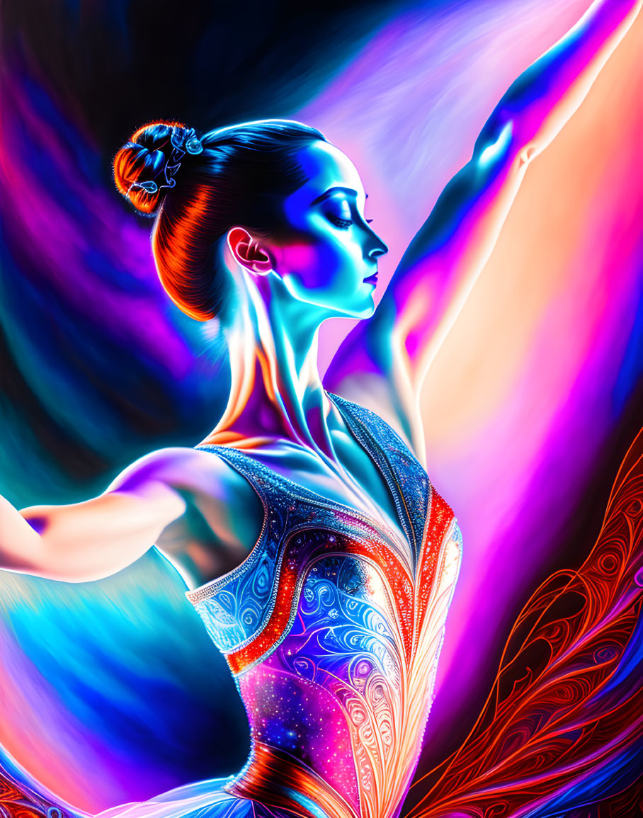 Colorful Digital Artwork: Woman in Ballet Pose with Neon Glow