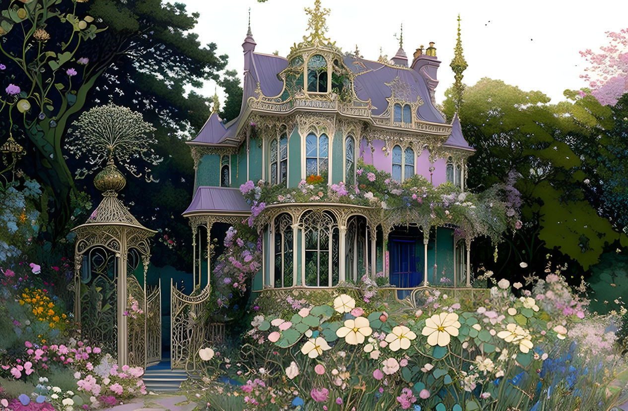 Victorian house surrounded by lush gardens and blooming flowers