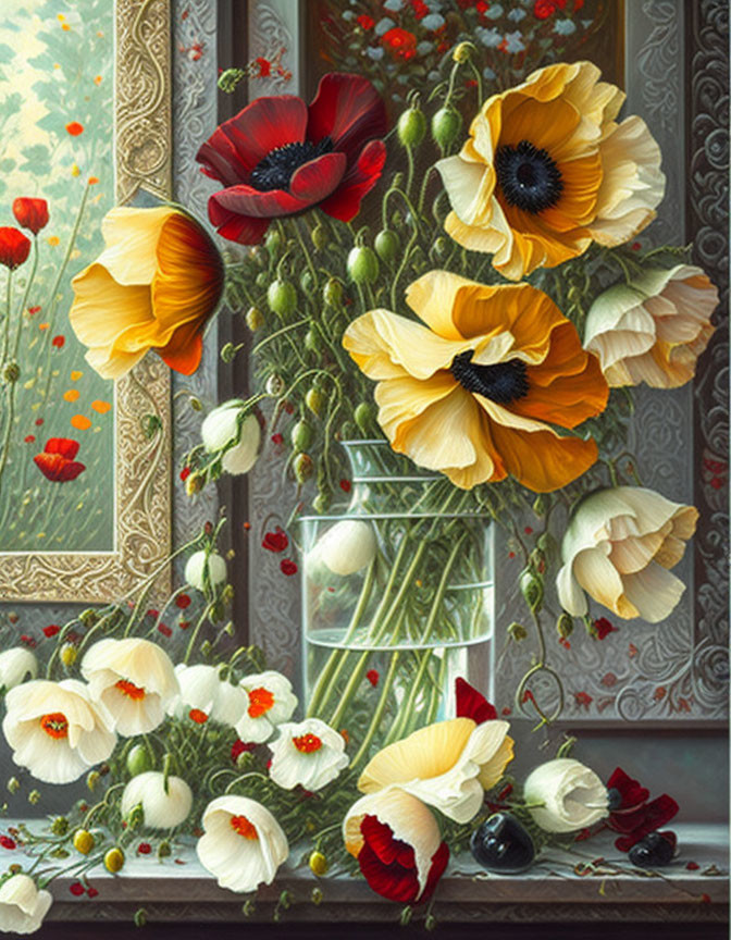 Colorful Poppy Still Life Painting with Transparent Vase and Floral Background