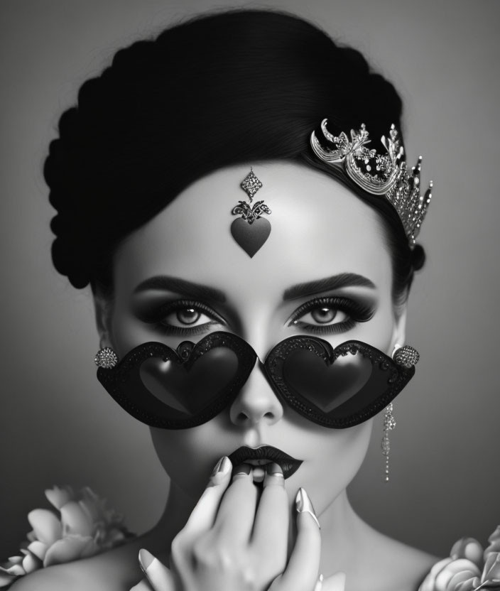 Monochrome portrait of woman with heart-shaped sunglasses and dramatic makeup