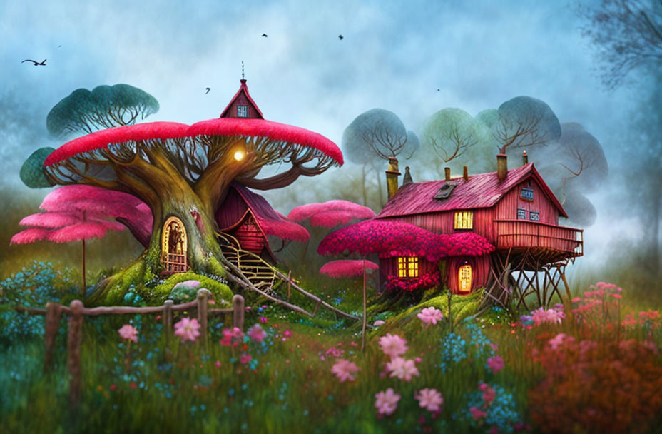 Whimsical tree houses in vibrant meadow at dusk