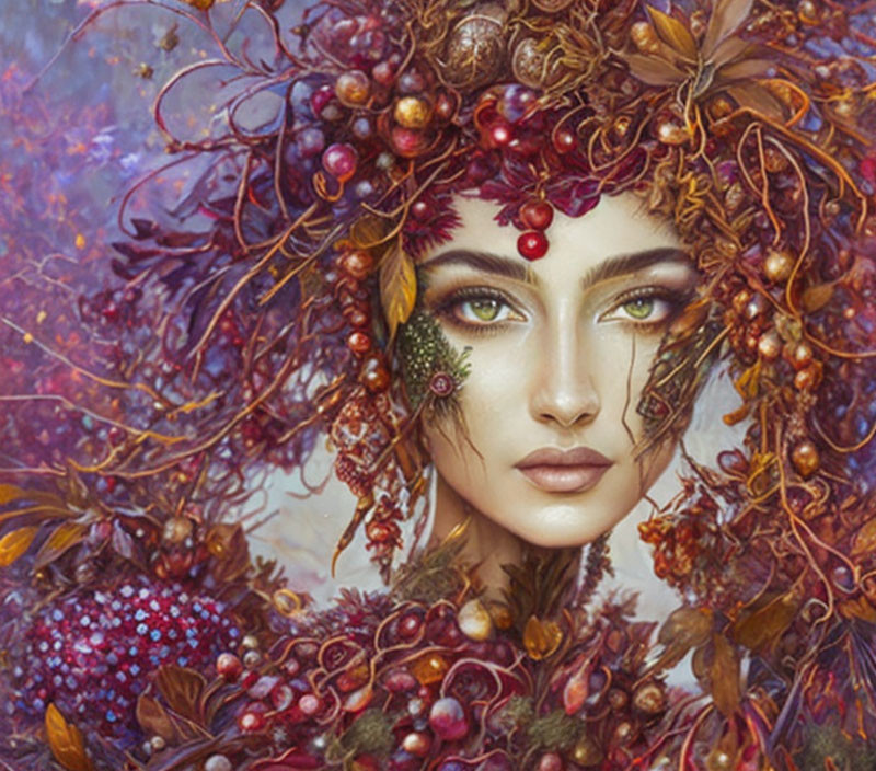 Detailed portrait of person with autumnal headdress in rich colors