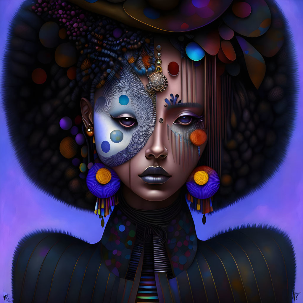 Digital artwork: Woman with split-face design blending African motifs and futuristic elements on purple background