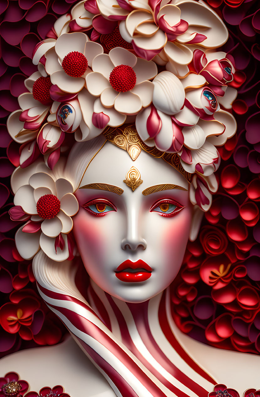 Surreal portrait of female figure with pale skin and floral elements