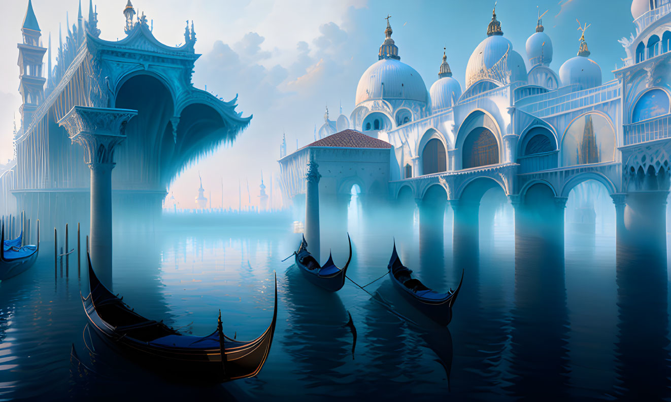 Ornate Venetian-Style Cityscape with Gondolas and Misty Water