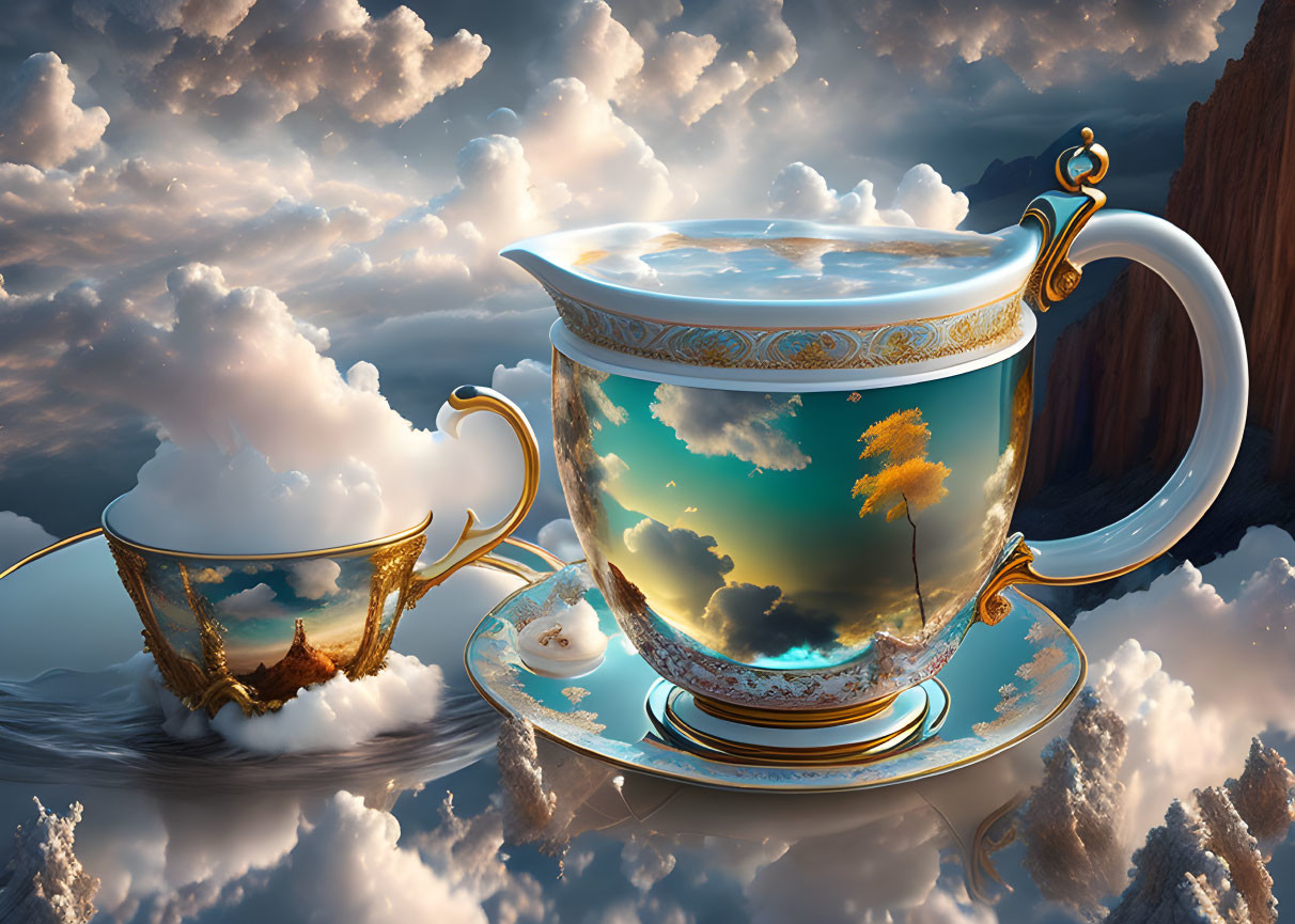 Surreal giant teacup floating in clouds with smaller cup and tree reflection.