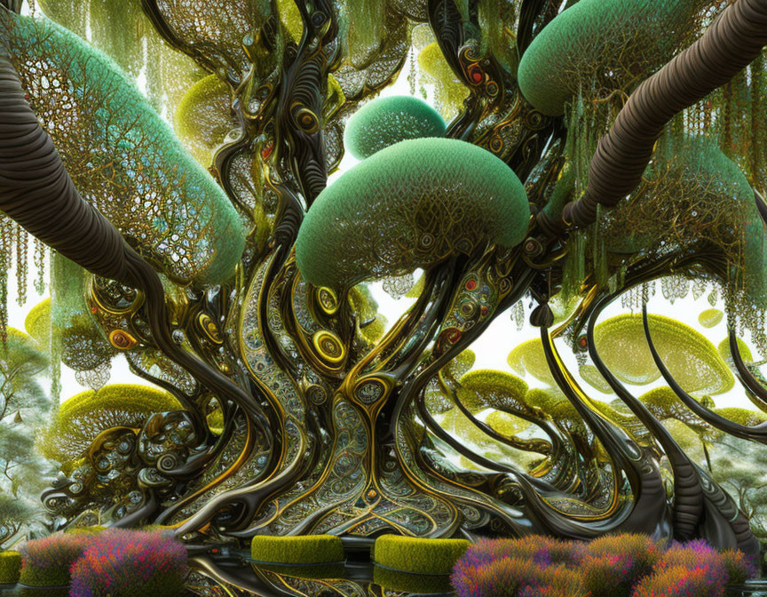 Intricate Fractal Forest with Swirling Patterns in Green, Yellow, and Brown