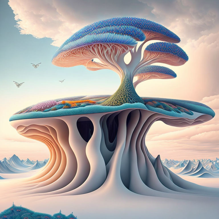 Colorful Giant Mushroom Tree Illustration in Surreal Landscape