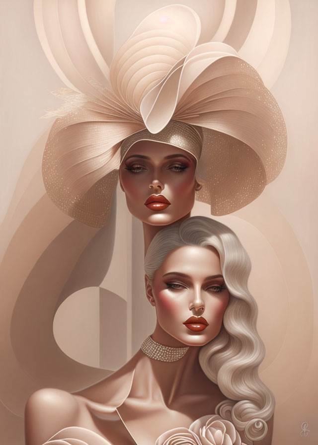 Fashion illustration of two women with elaborate hats and elegant makeup in soft tones.