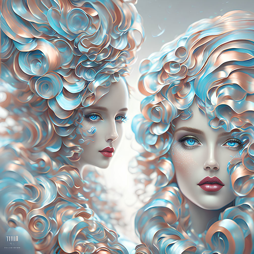 Digital Artwork: Two Women with Elaborate Blue & White Curly Hair