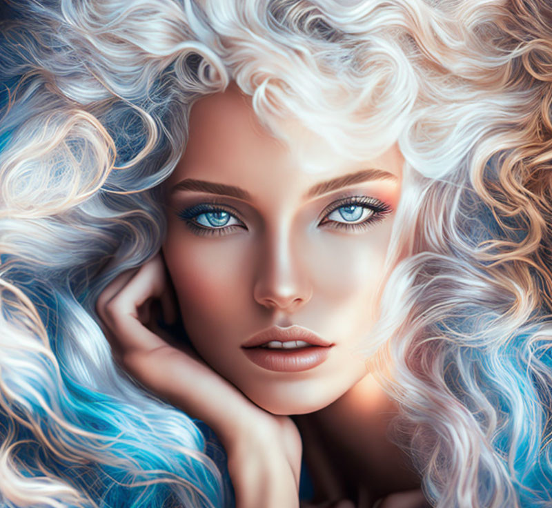 Portrait of woman with voluminous curly blonde hair, blue tips, and bright blue eyes.