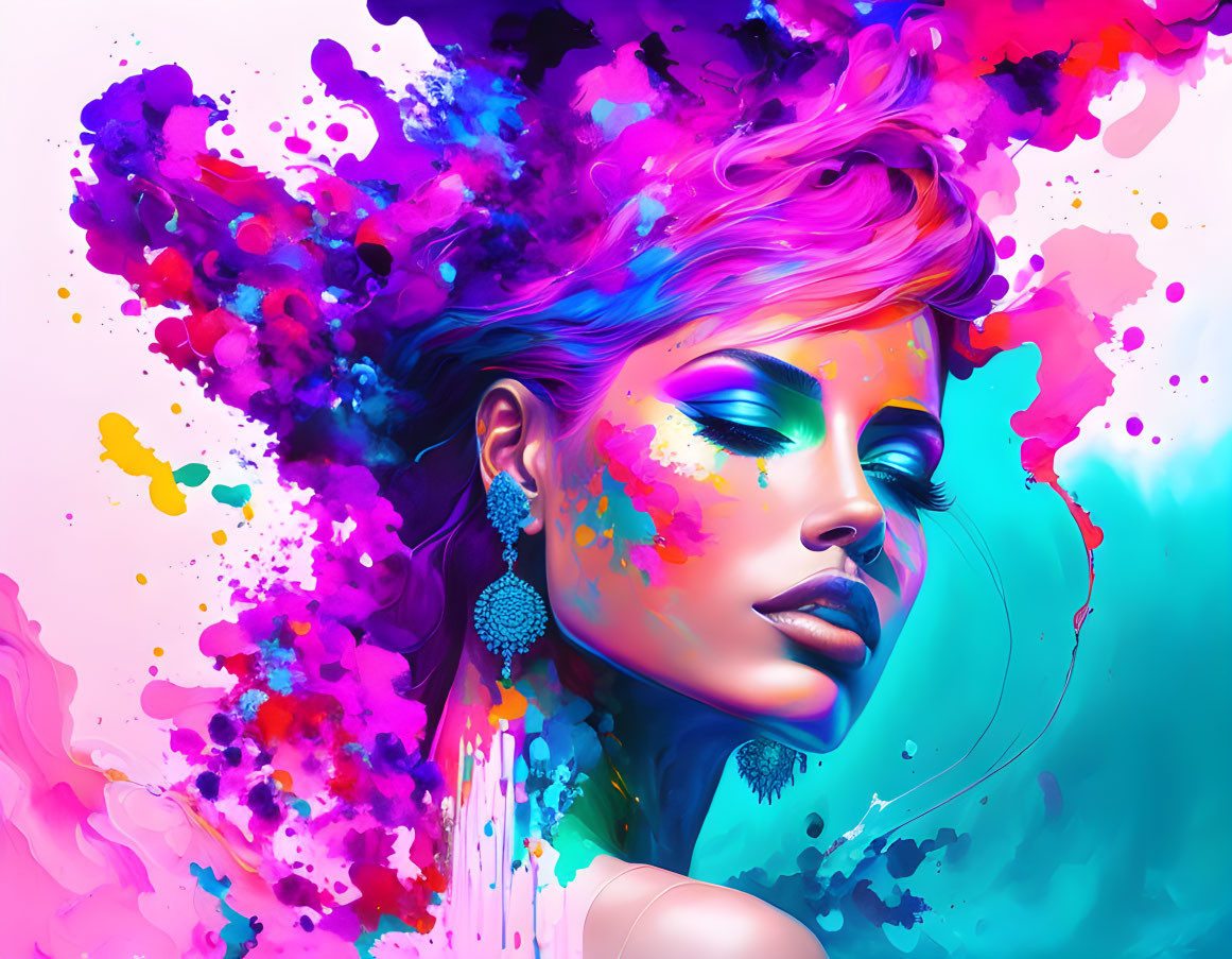 Colorful digital artwork of a woman with vibrant splashes and swirls depicting hair and makeup.