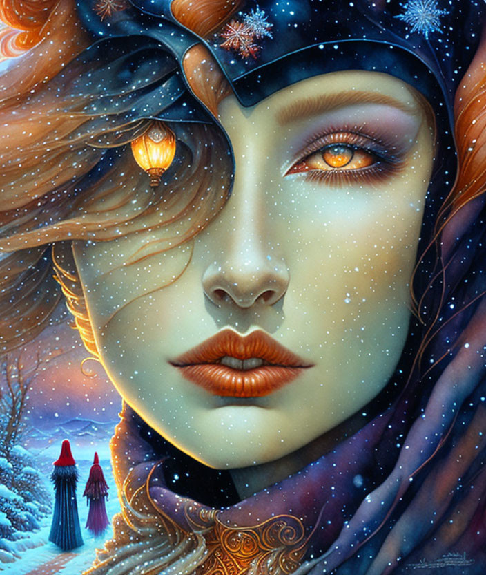 Detailed winter-themed woman illustration with golden eyes in snowy landscape