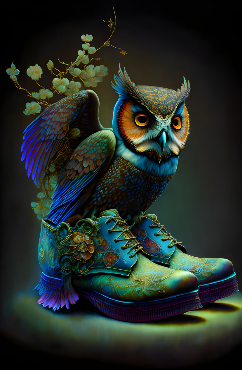 Vibrant owl on decorative shoe with blossoms in background