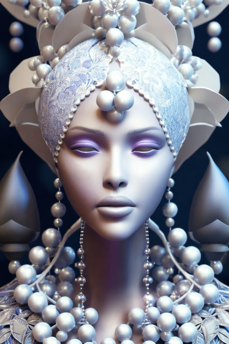 Elegant 3D rendering of woman with pearl headdress and purple eyeshadow