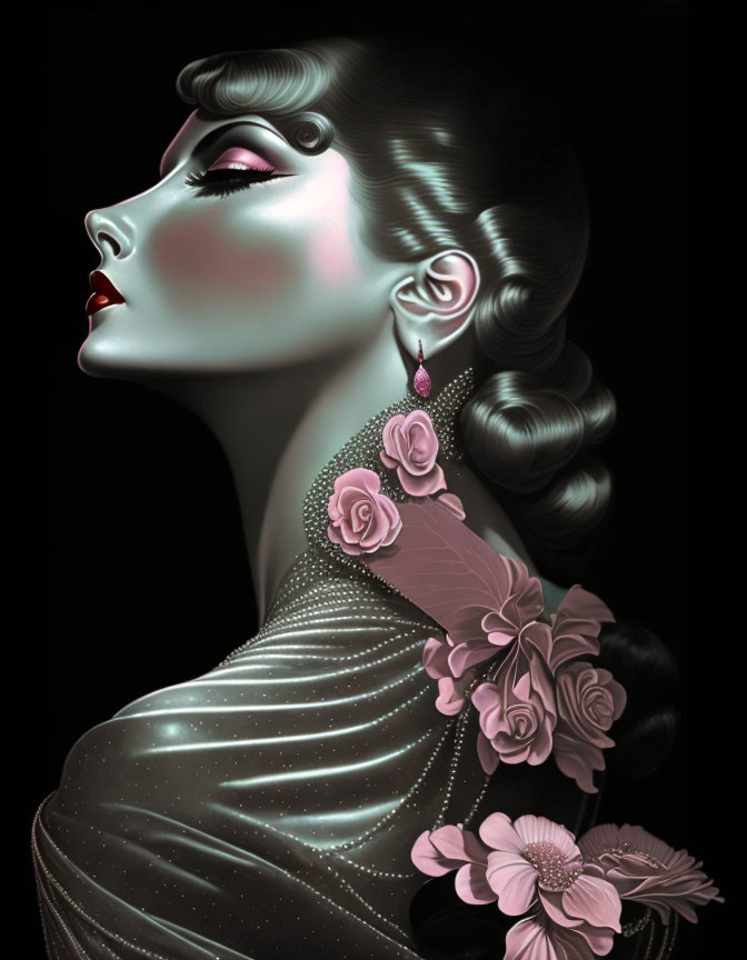 Stylized side profile portrait of a woman with pink flowers and embellished outfit