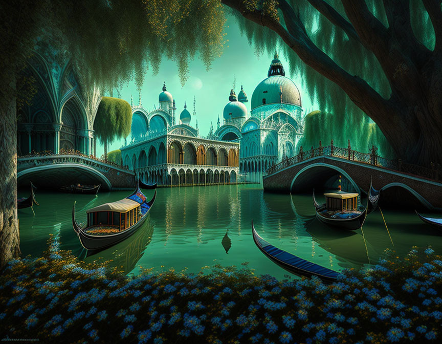 Ornate domed buildings, arched bridges, gondolas, and lush greenery in