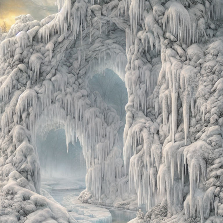 Wintry landscape with frozen river in ice-capped cave