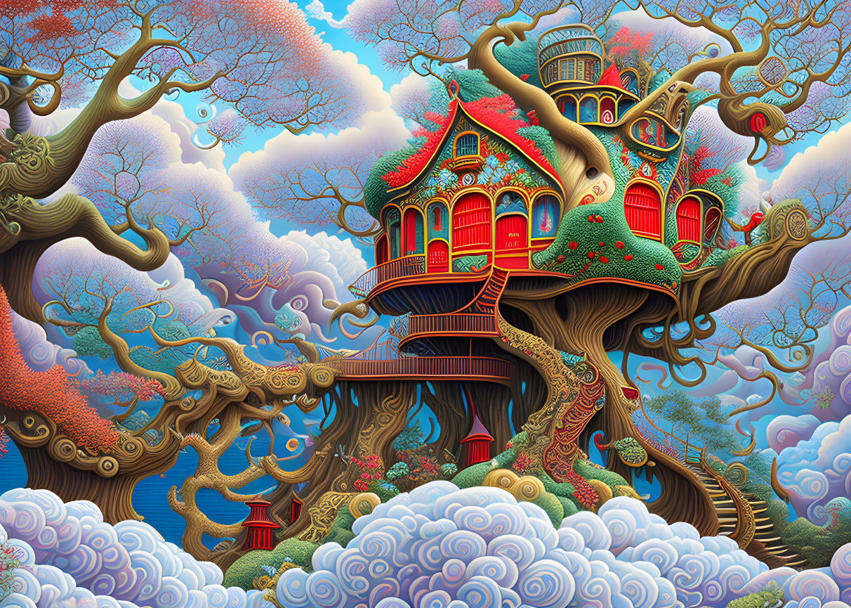 Colorful Treehouse in Enchanted Forest Setting