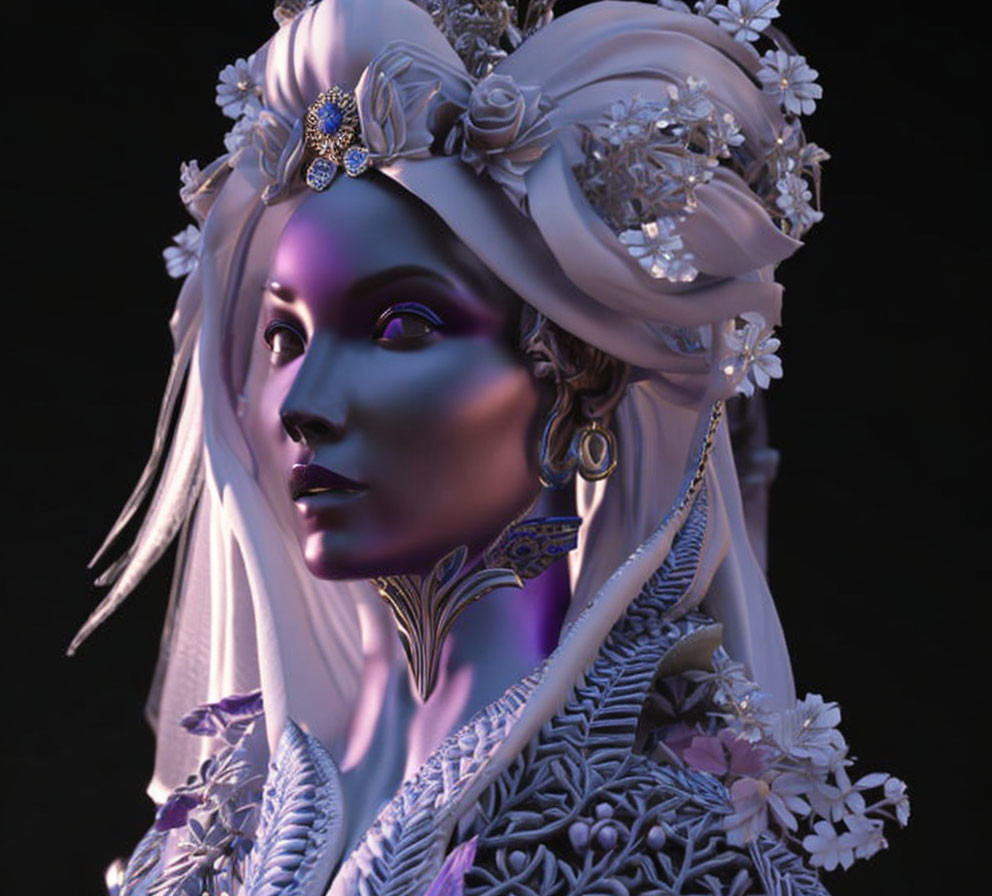 3D-rendered image of woman with purplish skin and intricate headdress