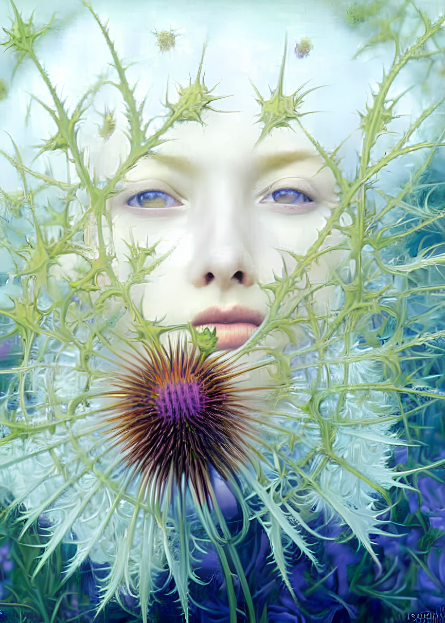 Face in field of thistles with purple flower, blue-green color palette