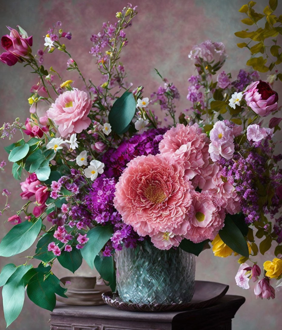 Pink Peonies and Purple Flowers in Glass Vase on Pink and Grey Background