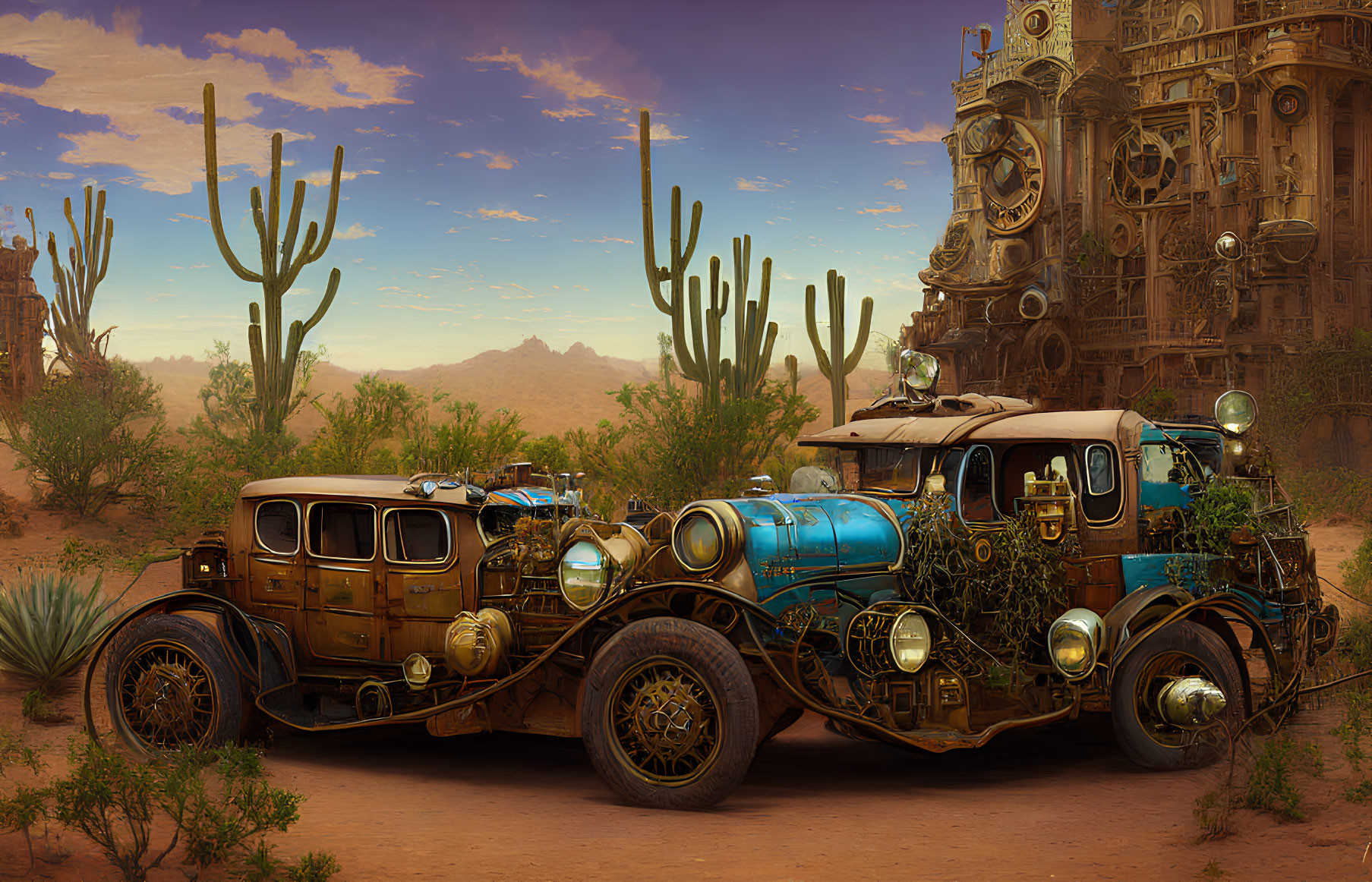 Steampunk-style vintage car in desert with gears and cacti