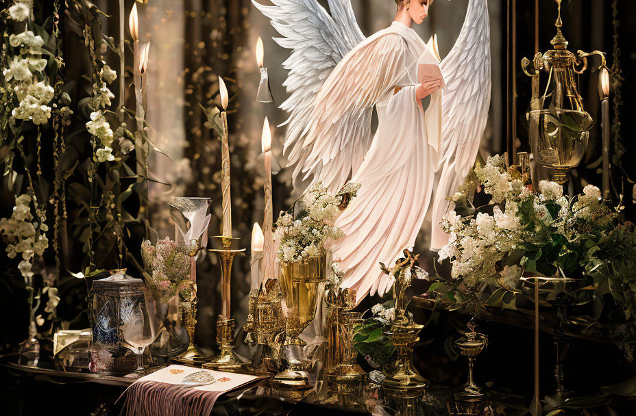 White-winged angel surrounded by candles and flowers on vintage table