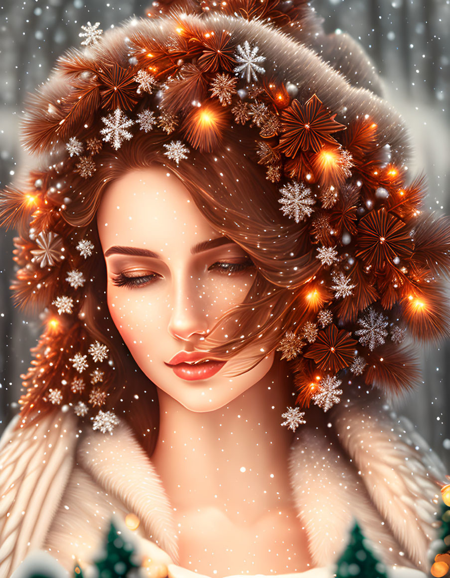 Illustrated woman with snowflakes and pine cones in her hair on snowy background